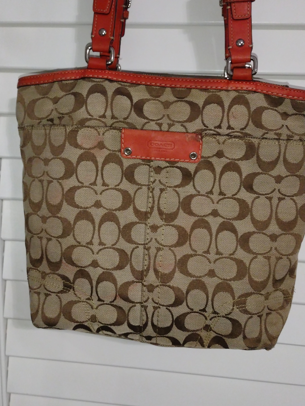 Vintage Iconic Coach Brown Signature Canvas Tote with Red Trim